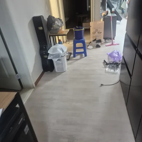 마루 바닥과 의자, 짐이 놓인 거실 복도 전경
